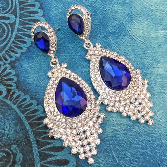 Prom Pageant Bridal Jewelry - Blue Crystal Chandeliers   e4